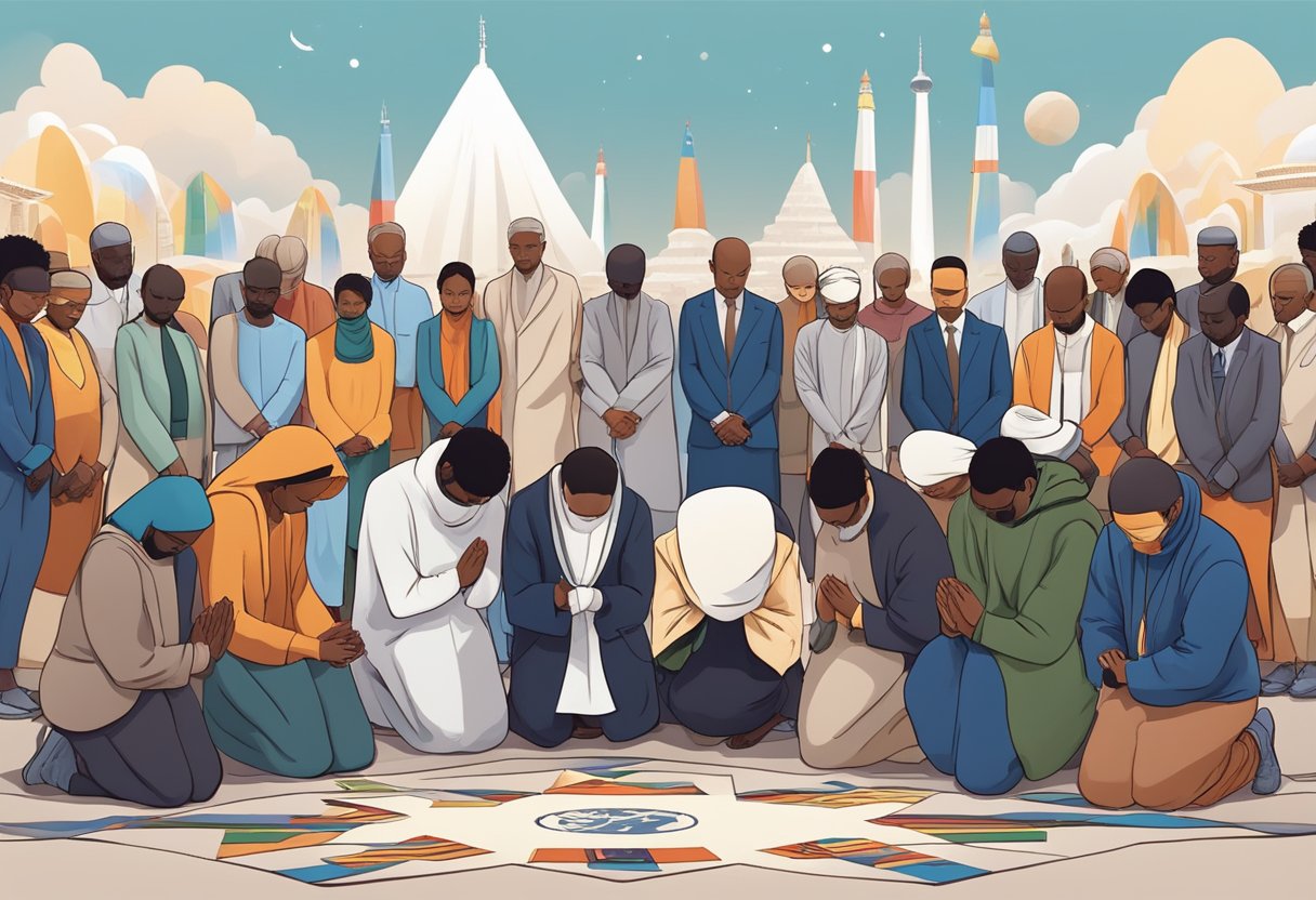 A group of people from diverse nations kneel in unity, heads bowed in prayer, surrounded by symbols of global landmarks and flags
