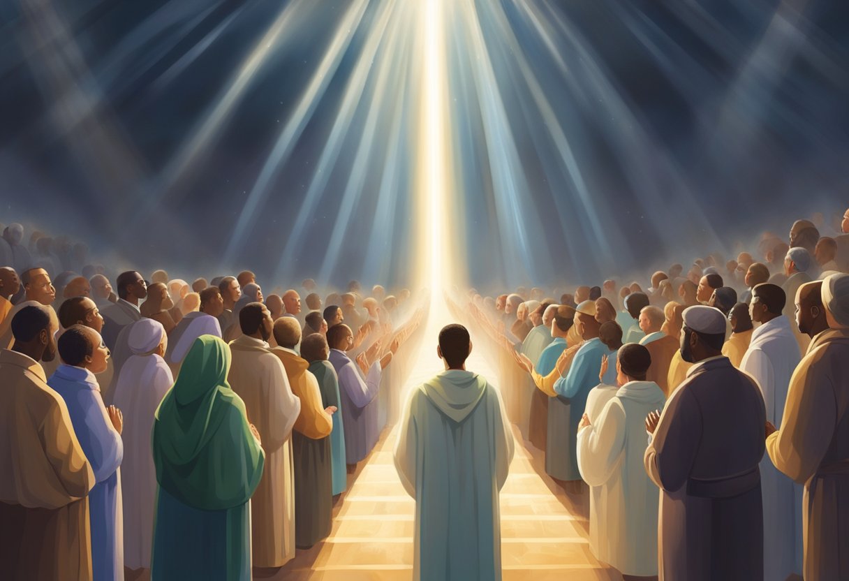 A group of people gather in prayer, lifting their voices to the heavens, seeking divine intervention for nations in need. Rays of light shine down, symbolizing God's presence and guidance