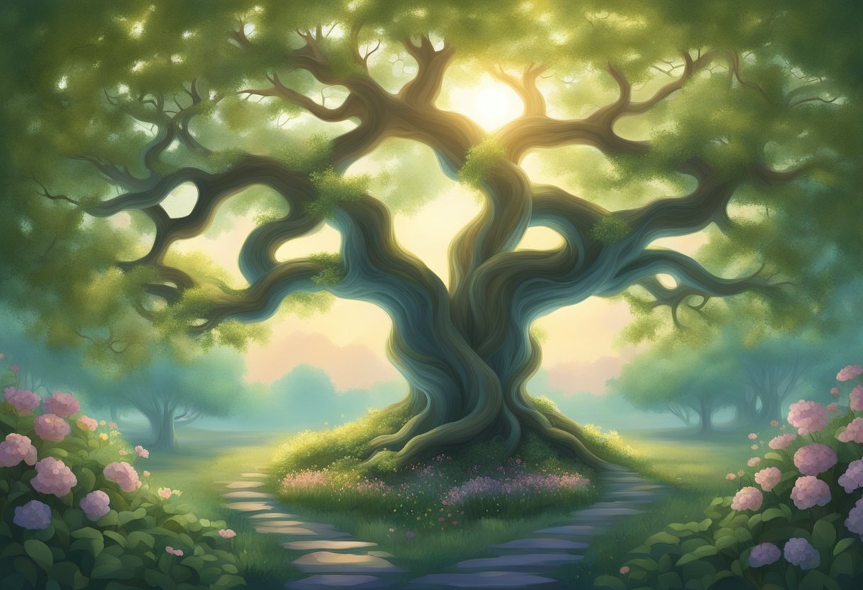A serene garden with two intertwining trees, symbolizing unity and restoration. A soft glow illuminates the scene, evoking a sense of hope and healing