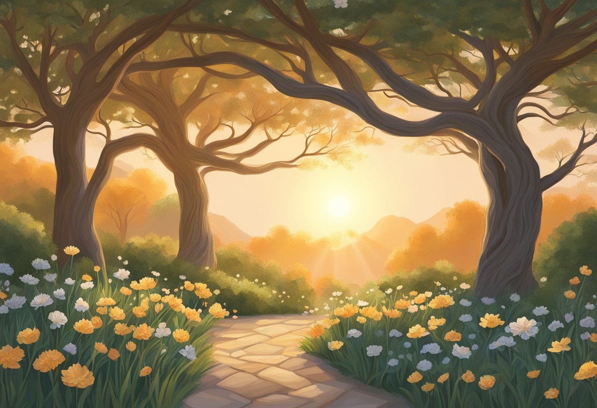 A serene garden with two trees leaning towards each other, their branches intertwining, symbolizing the restoration of relationships. The sun is setting, casting a warm glow over the scene