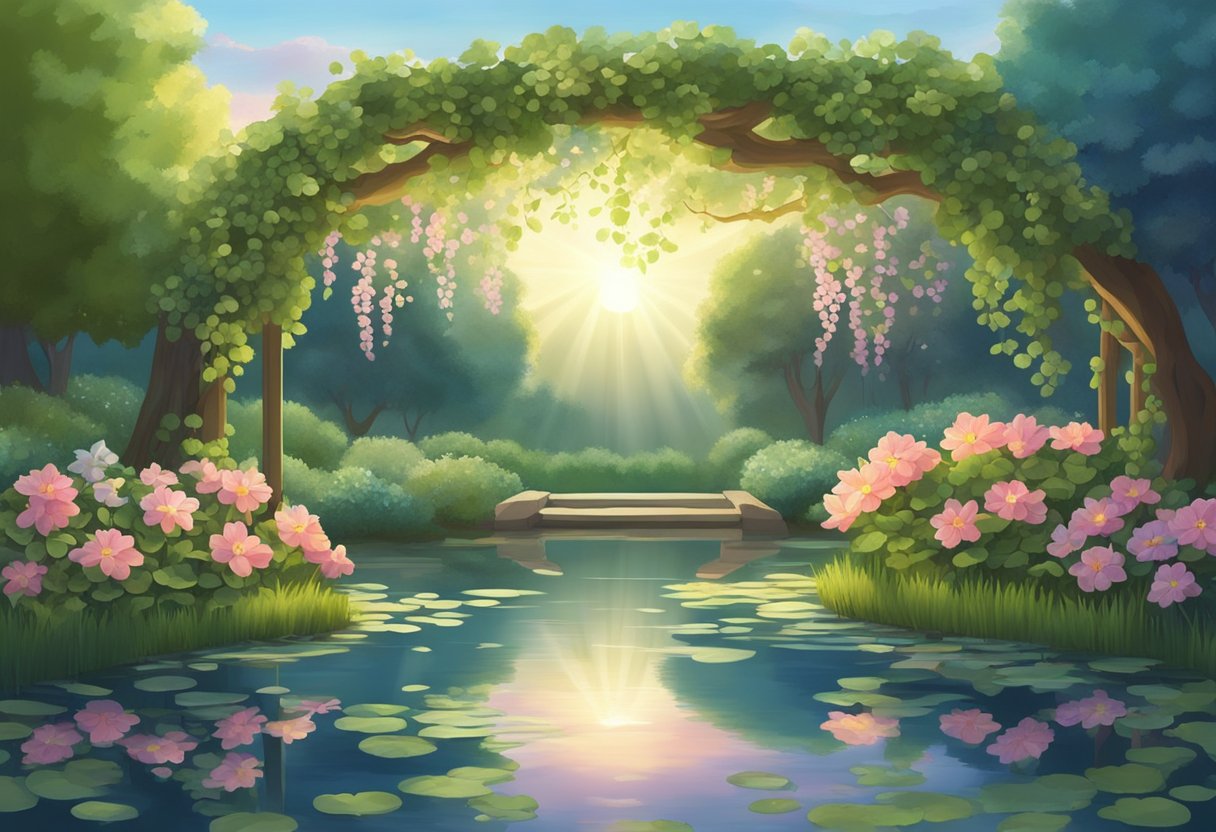 A serene garden with intertwining vines, blooming flowers, and a peaceful pond reflecting the sky. A beam of light shines down, illuminating the scene