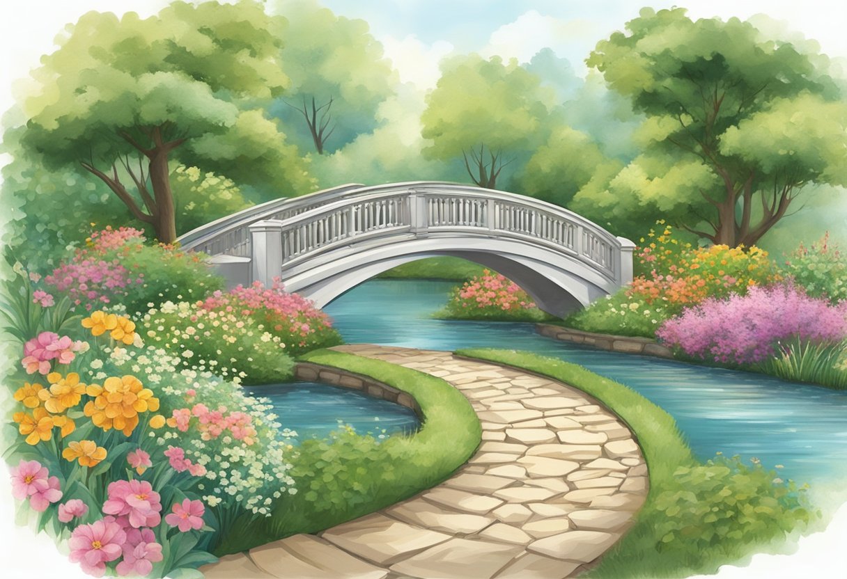 A tranquil garden with two separate paths merging into one, symbolizing reconciliation. A bridge over a flowing stream represents restoration. Surrounding trees and flowers signify growth and healing
