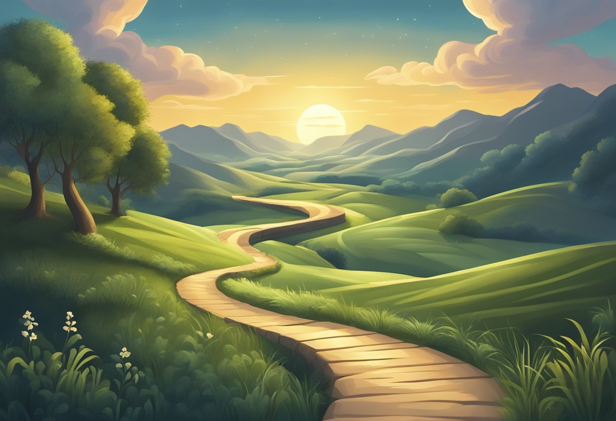 A serene landscape with a winding path leading towards a glowing light, symbolizing the journey of overcoming addiction and temptation