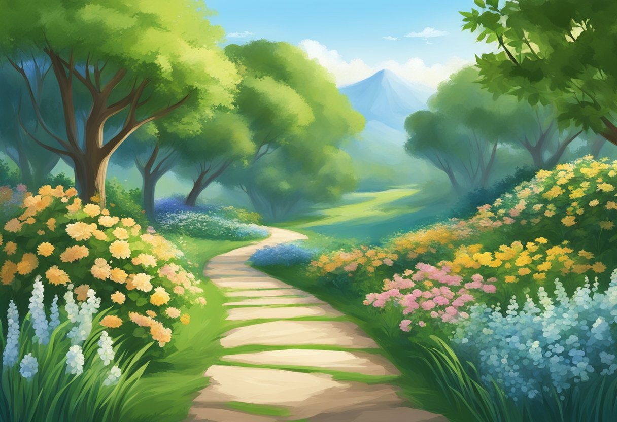 A serene landscape with a clear blue sky and a winding path leading towards a tranquil oasis, surrounded by lush greenery and blooming flowers