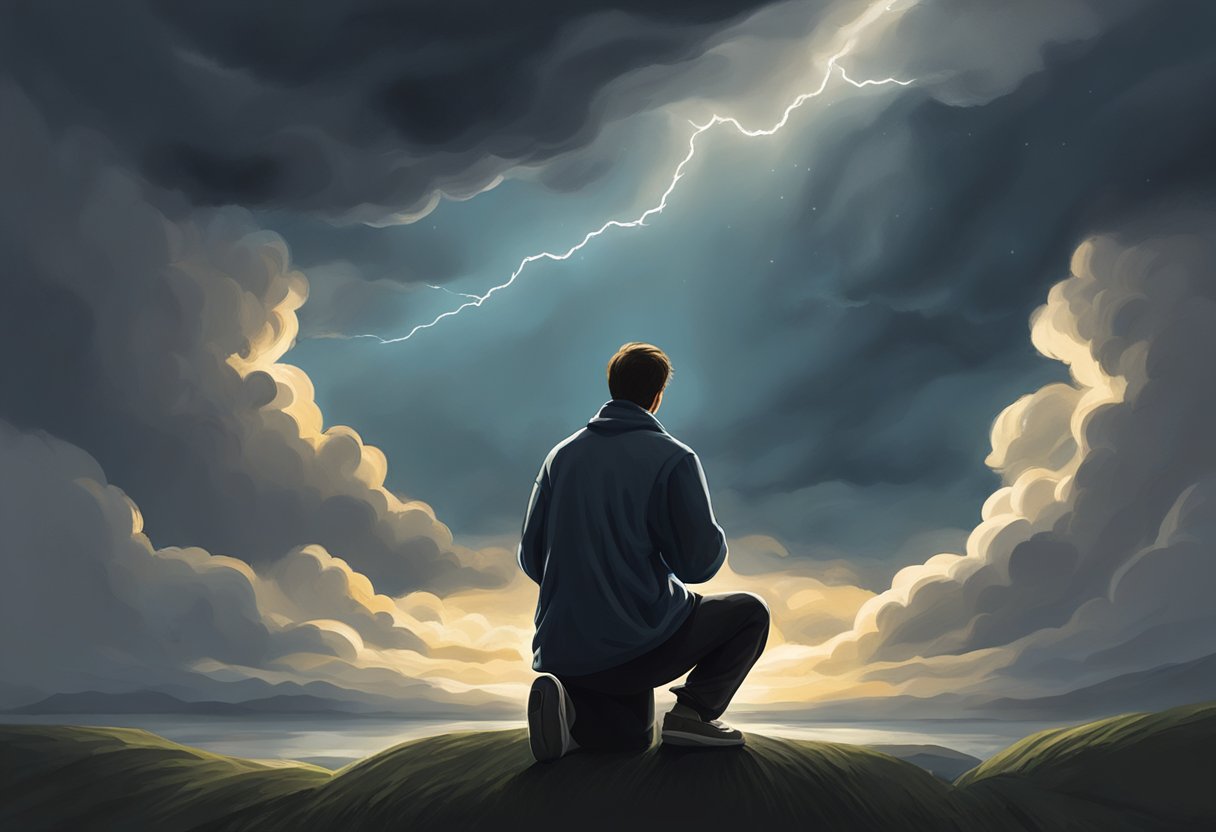 A person kneeling in prayer, surrounded by a dark, stormy sky. A glimmer of light breaks through the clouds, symbolizing hope and the power of faith in overcoming addiction and temptation