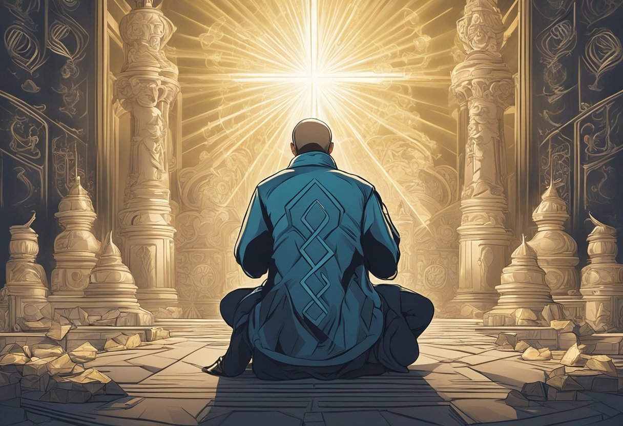 A person kneeling in prayer, surrounded by symbols of addiction and temptation. Rays of light breaking through the darkness, representing hope and strength