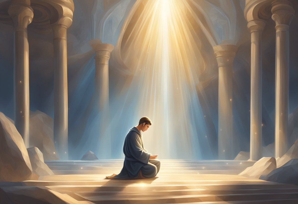 A serene figure kneels in prayer, surrounded by symbols of struggle and temptation. Rays of light illuminate the scene, conveying hope and strength