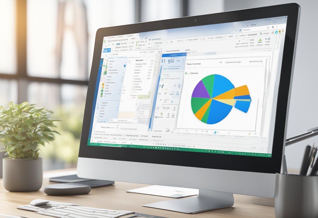 A computer screen displays the Outlook 365 interface. A cursor hovers over the search bar, with a file icon in the background