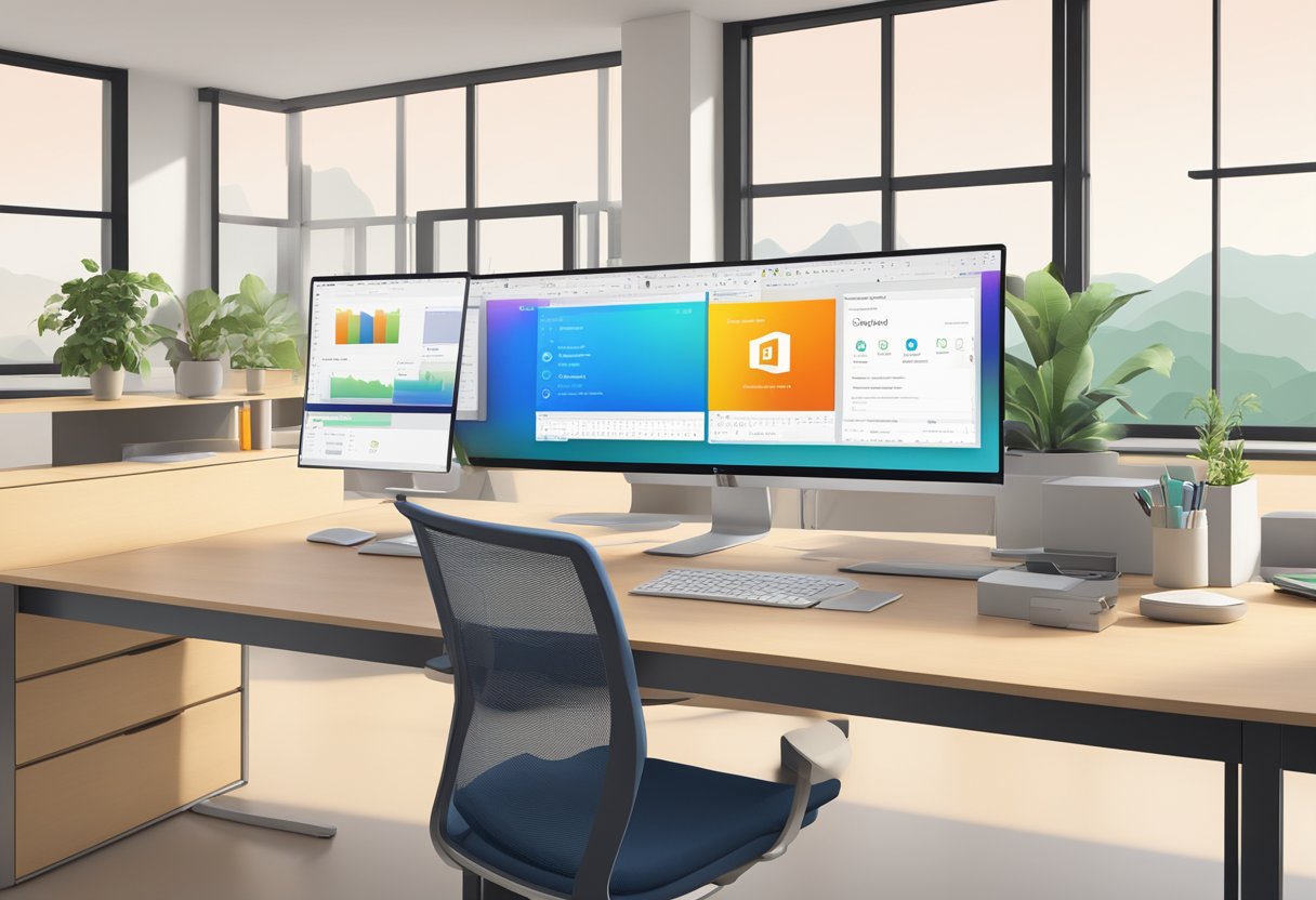 A bright, well-lit office space with a computer screen displaying the Outlook application. The settings menu is open, with the option to disable dark mode highlighted