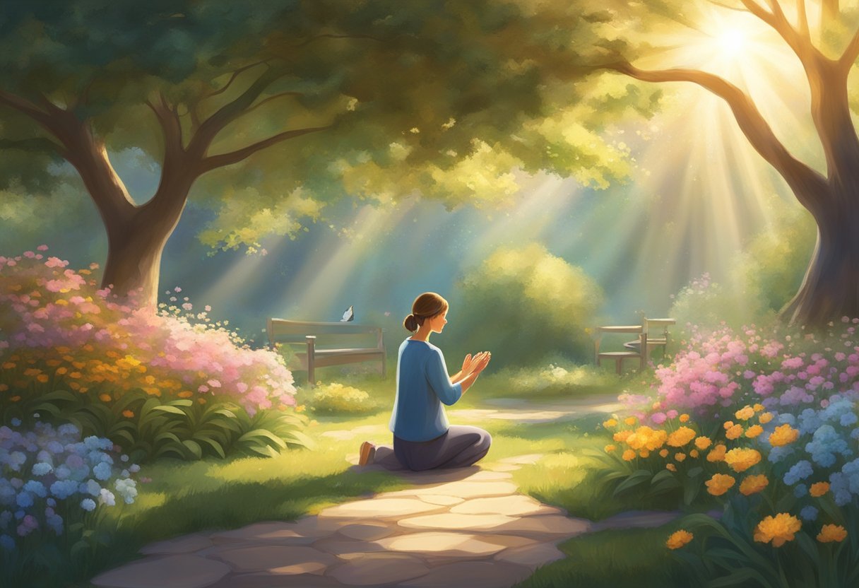 A serene garden with sunlight streaming through trees, casting a warm glow on a peaceful scene. A figure kneels in prayer, surrounded by blooming flowers and gentle wildlife