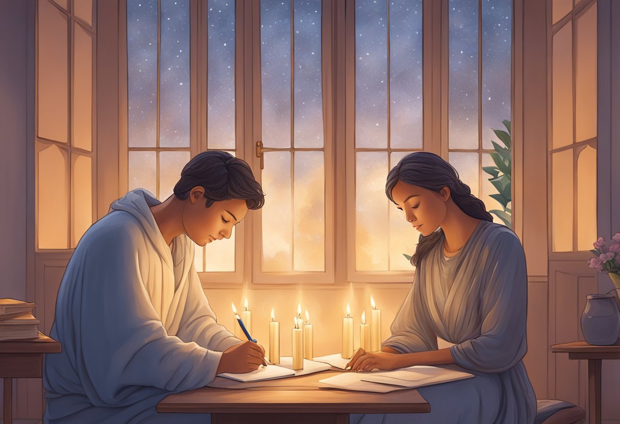 A serene figure sits in a quiet room, surrounded by candles and soft light. They hold a pen and paper, writing personalized healing prayers for loved ones battling illness