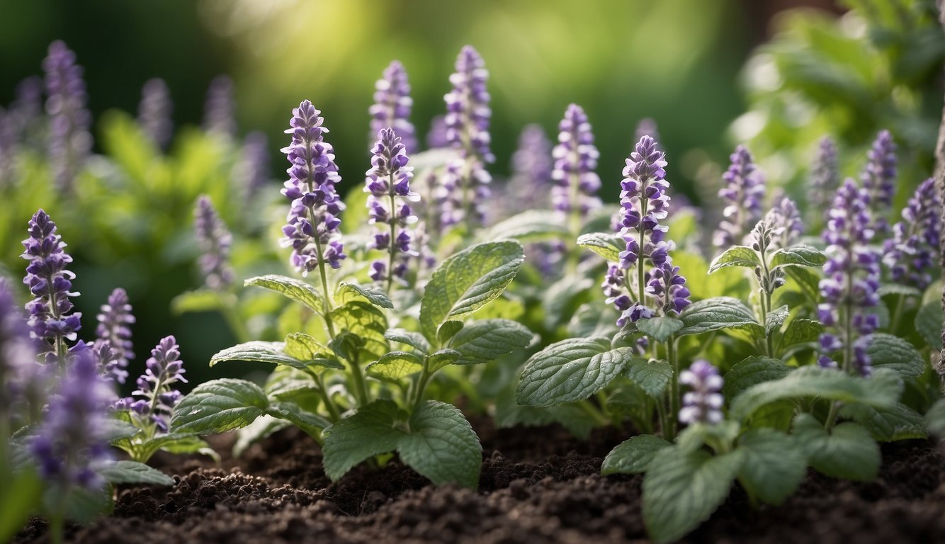 Lemon balm thrives alongside lavender, thyme, and basil. The vibrant green leaves contrast against the purple and white flowers, creating a harmonious garden bed