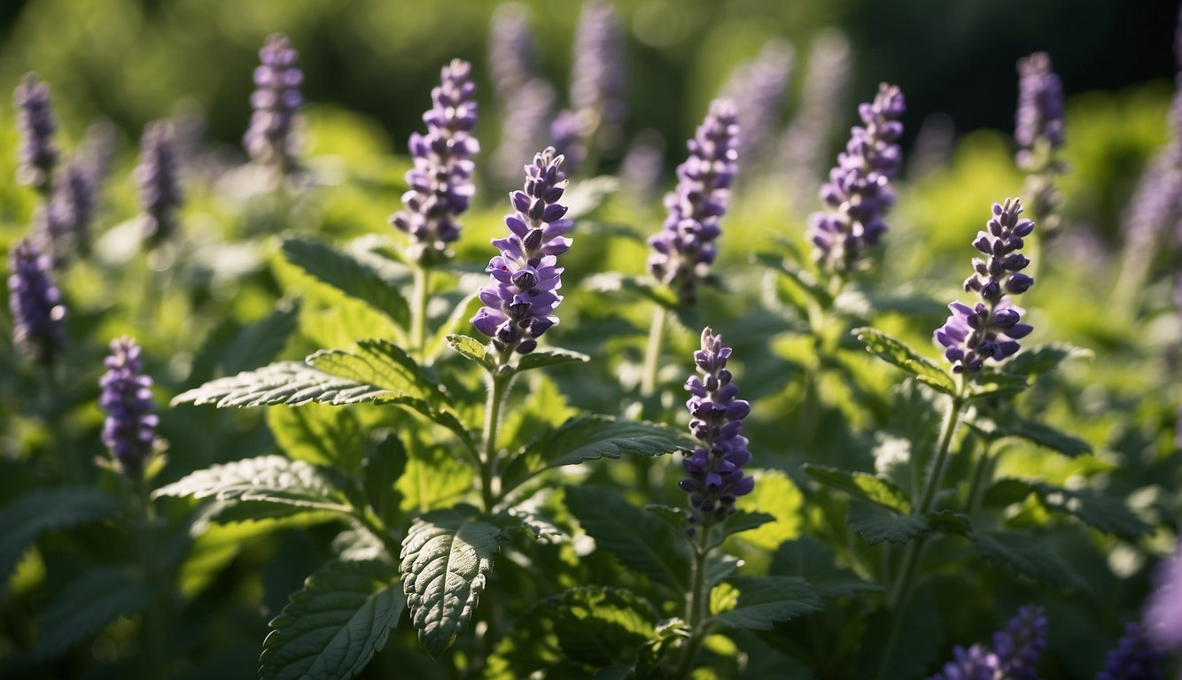 Lemon balm surrounded by lavender, thyme, and basil. Sunlight filters through the garden, highlighting the vibrant green leaves. Bees buzz around the fragrant herbs, creating a peaceful and harmonious scene