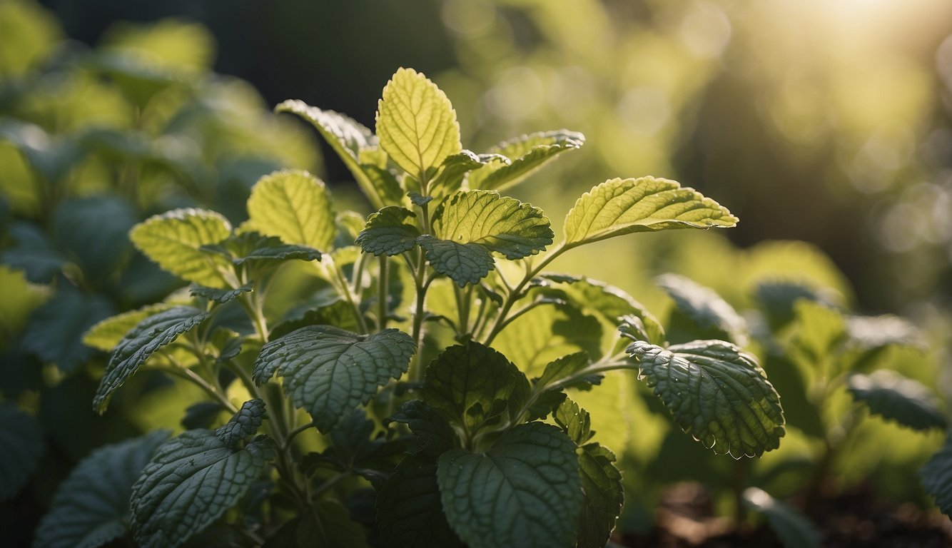 Lemon balm is being harvested and used alongside other plants in a garden setting