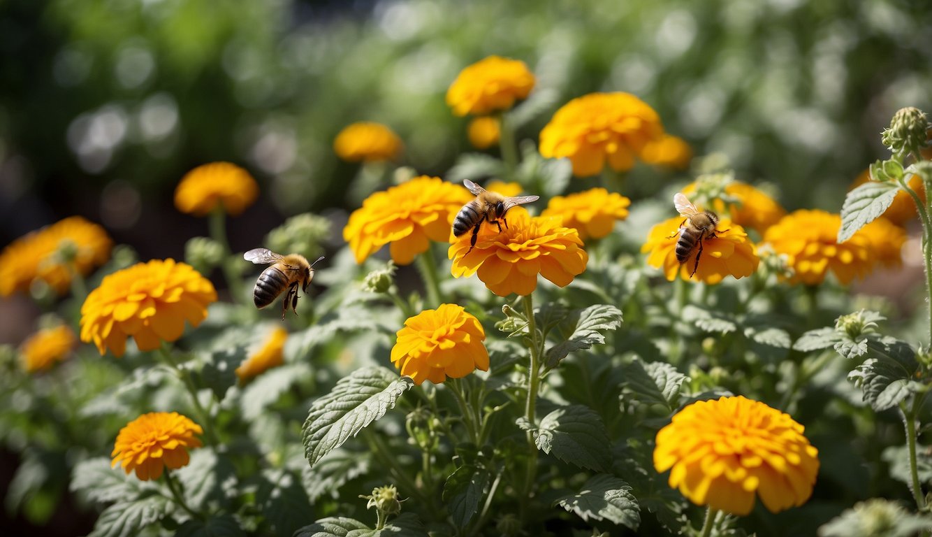 Lemon balm surrounded by marigolds, thyme, and basil in a sunny garden bed. Bees buzzing around the fragrant herbs