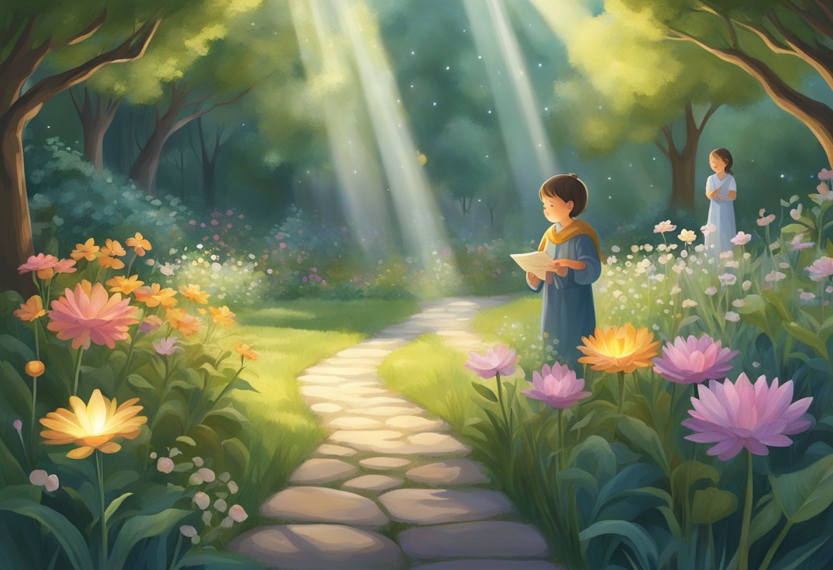 A serene garden with a beam of light shining down on a small, protective figure representing divine protection over children