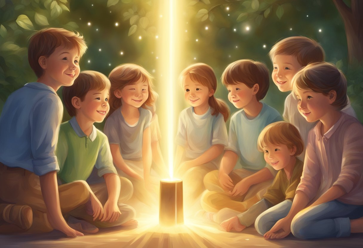 A radiant light envelops a group of children, emanating a sense of safety and peace as they are surrounded by a protective energy