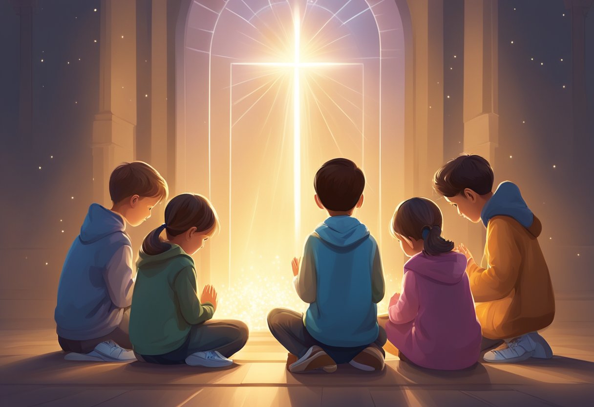 A group of children surrounded by a glowing, protective shield, as they kneel in prayer with a sense of peace and security