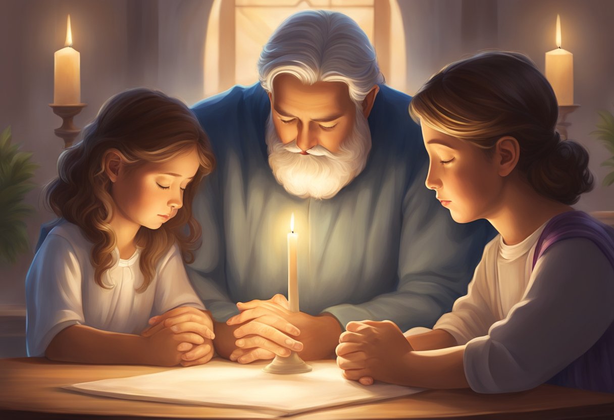 A family gathers around a table, heads bowed in prayer, with a soft glow of light surrounding them, symbolizing divine protection over their children