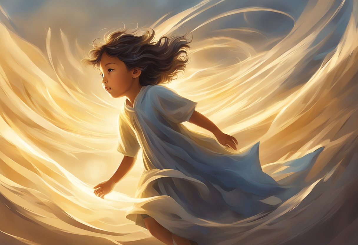 A child surrounded by swirling winds and looming shadows, while a radiant light shines down from above, symbolizing divine protection