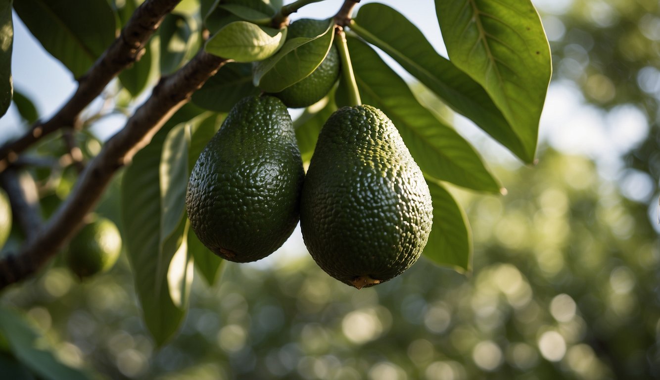 A healthy avocado tree with lush green leaves and ripe avocados hanging from its branches