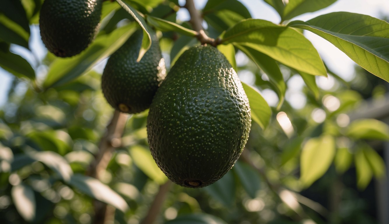 Lush avocado tree in a backyard garden, bearing ripe fruit