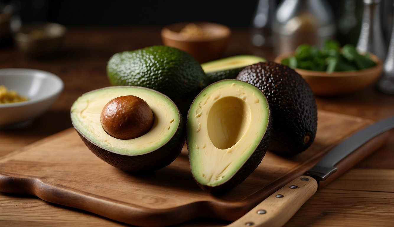 A ripe avocado sits on a wooden cutting board, surrounded by fresh ingredients and kitchen utensils