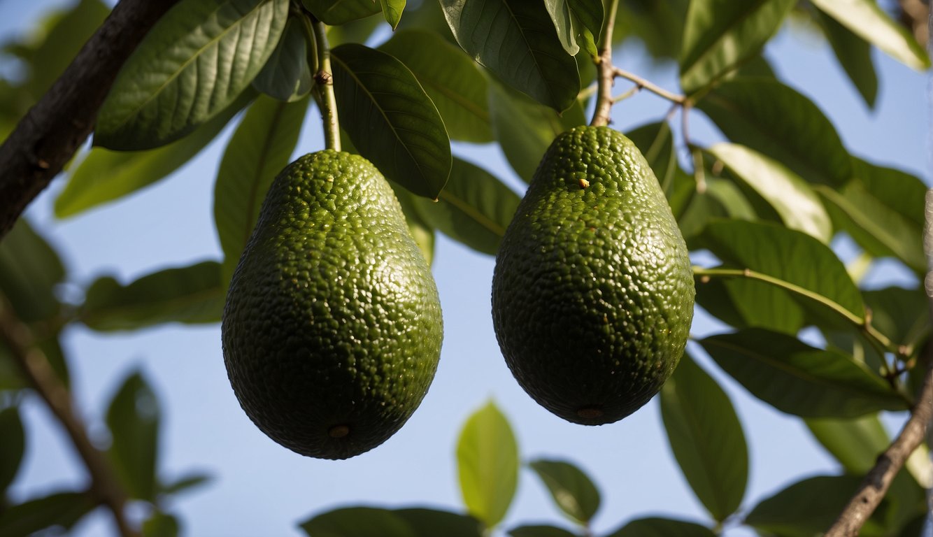 Ripe avocado hanging from a tree, surrounded by lush green leaves and small branches