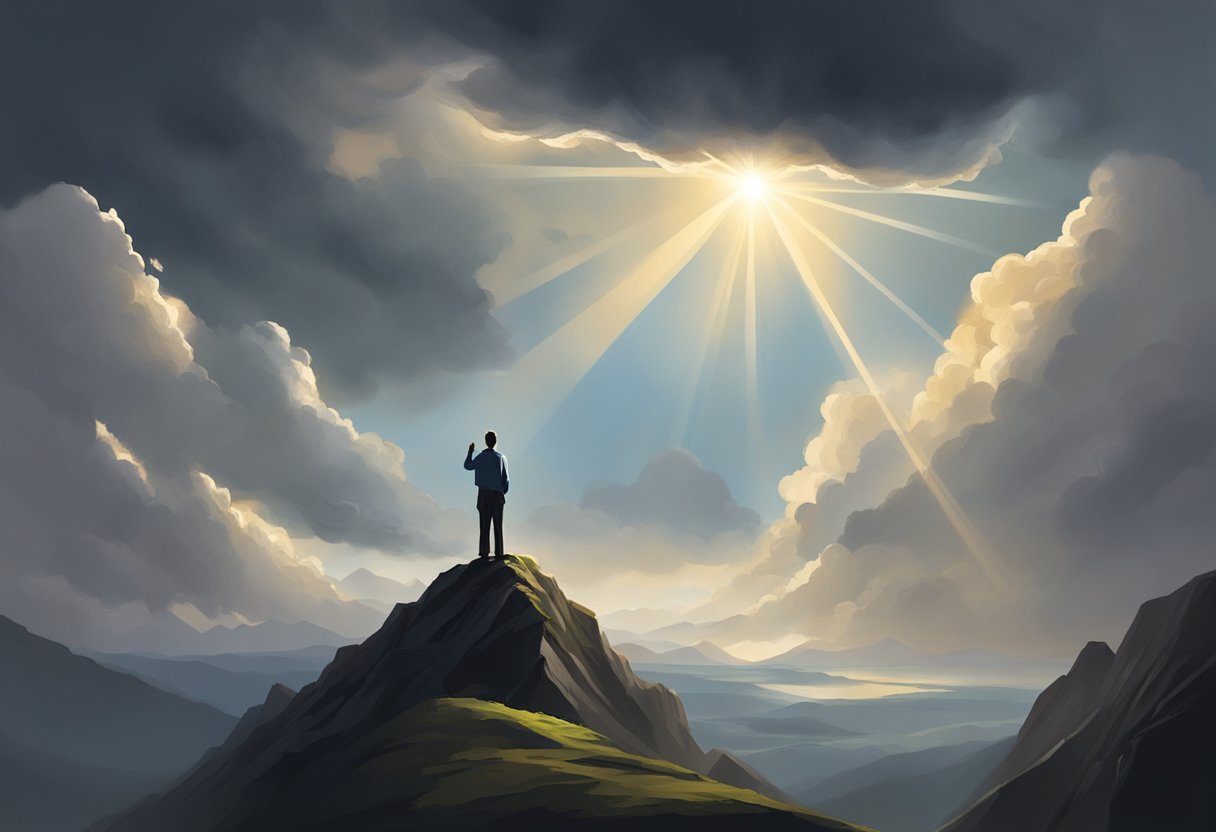A figure stands on a mountain peak, arms raised in prayer. Dark clouds loom overhead, but a ray of light breaks through, illuminating the figure