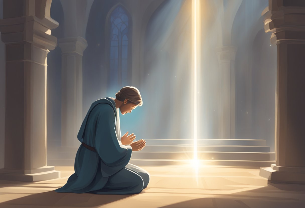 A serene figure kneels in prayer, surrounded by rays of light and a sense of calm. A book with the title "Biblical Insights on Fear and Doubt" lies open nearby