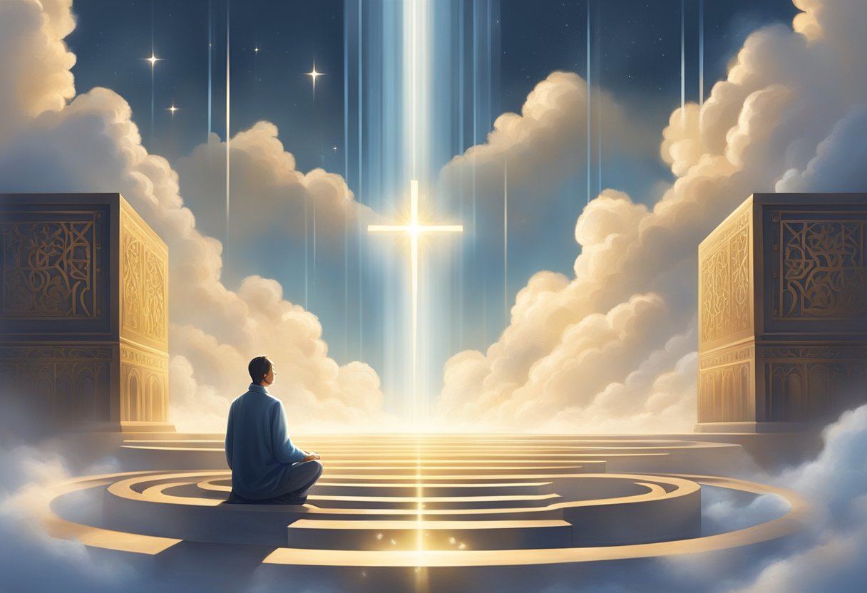 A figure kneels in a serene setting, surrounded by symbols of faith. Rays of light pierce through the clouds, illuminating the figure in a moment of peaceful contemplation