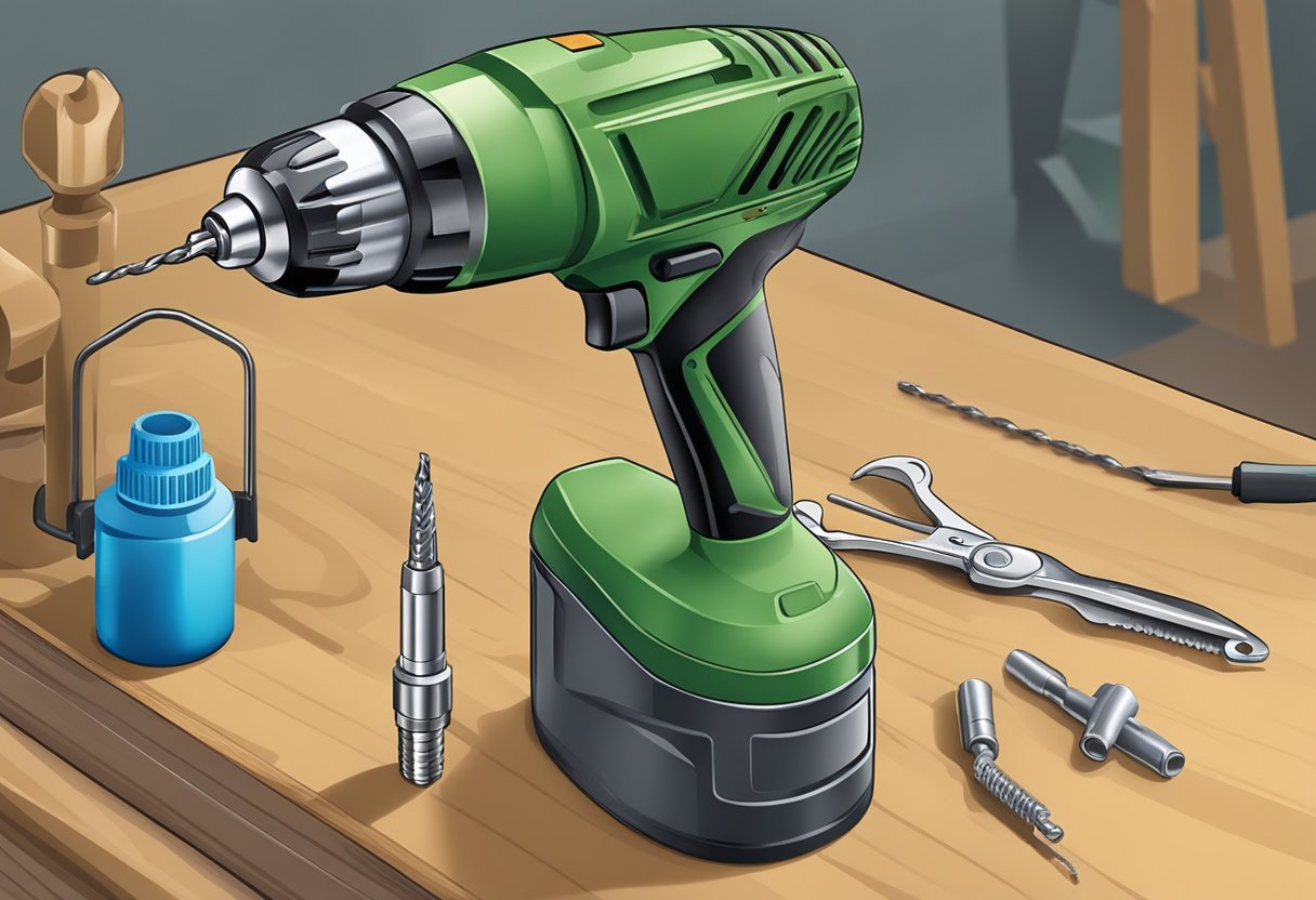 A hand-held drill with a stuck bit, a pair of pliers, and a lubricant spray on a workbench