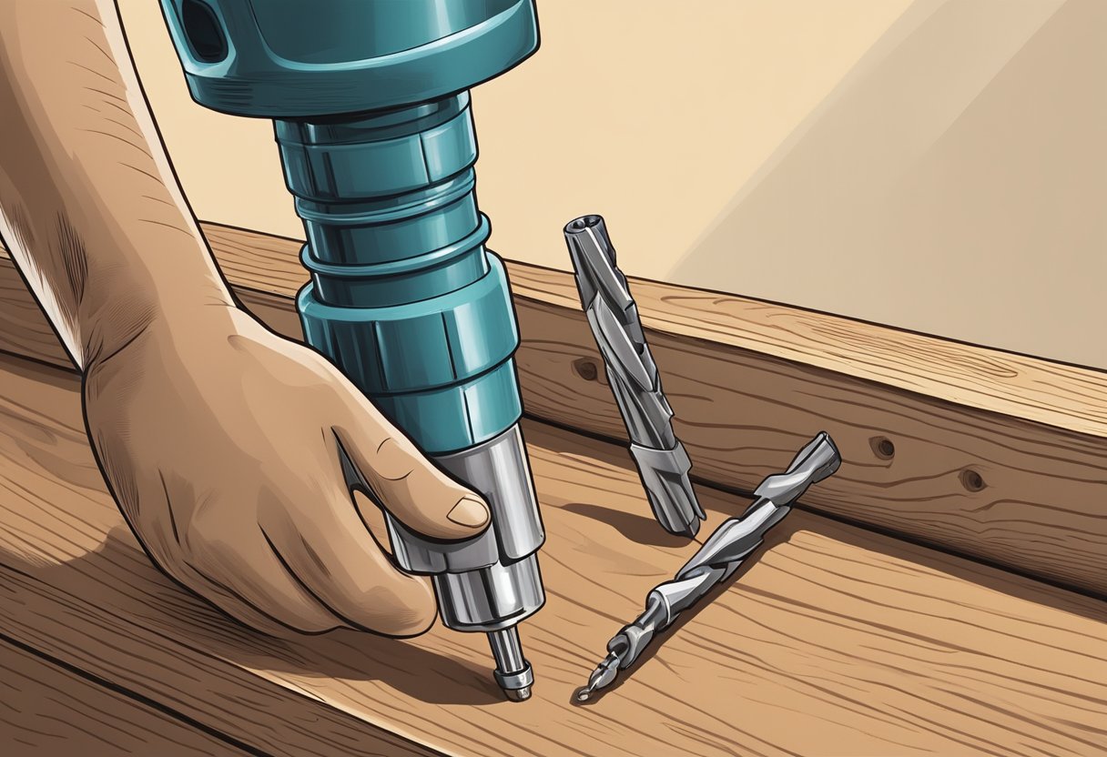 A hand holding a lubricant bottle next to a drill bit stuck in wood