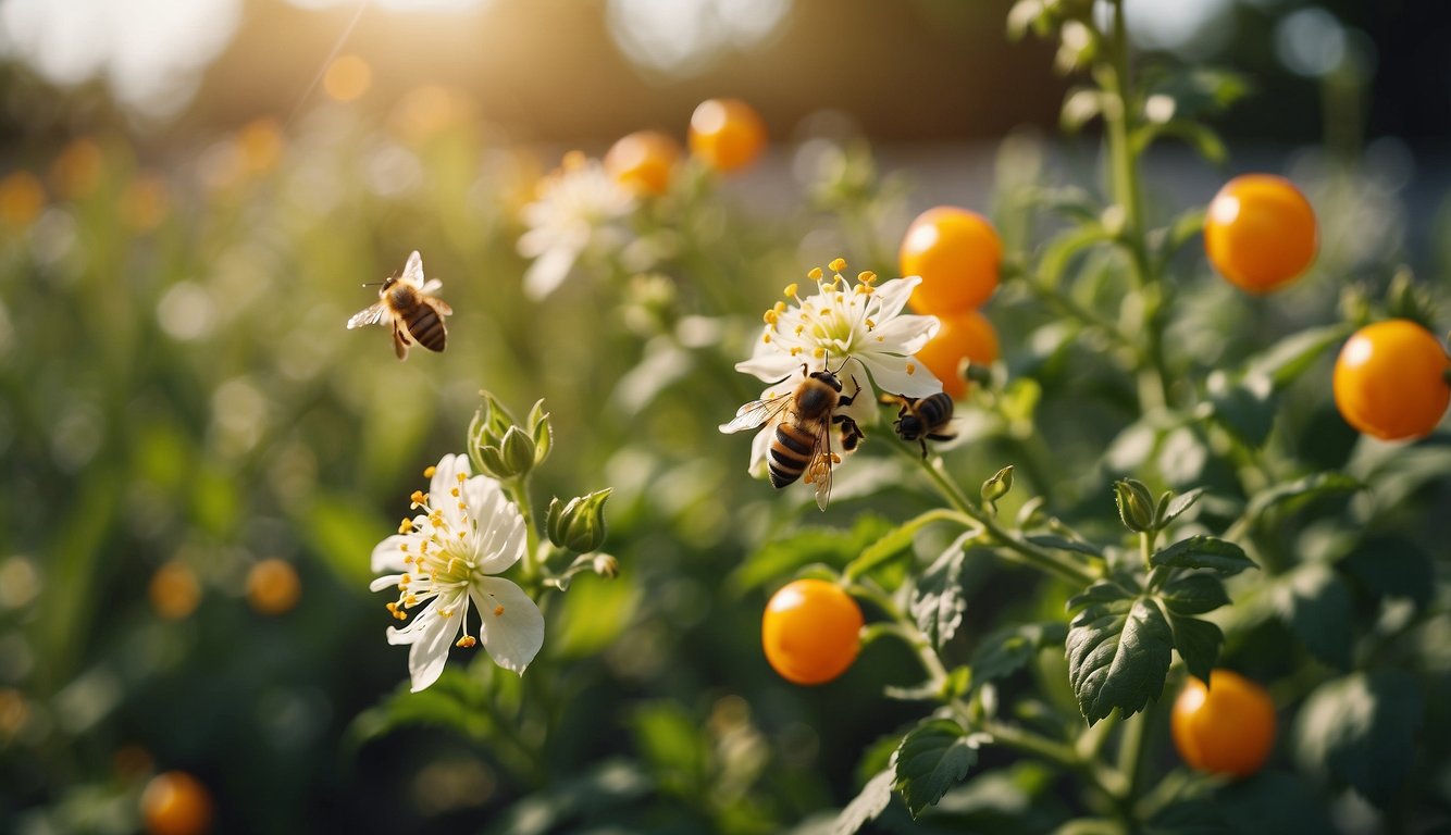 Bees pollinating pepper and tomato flowers in a garden