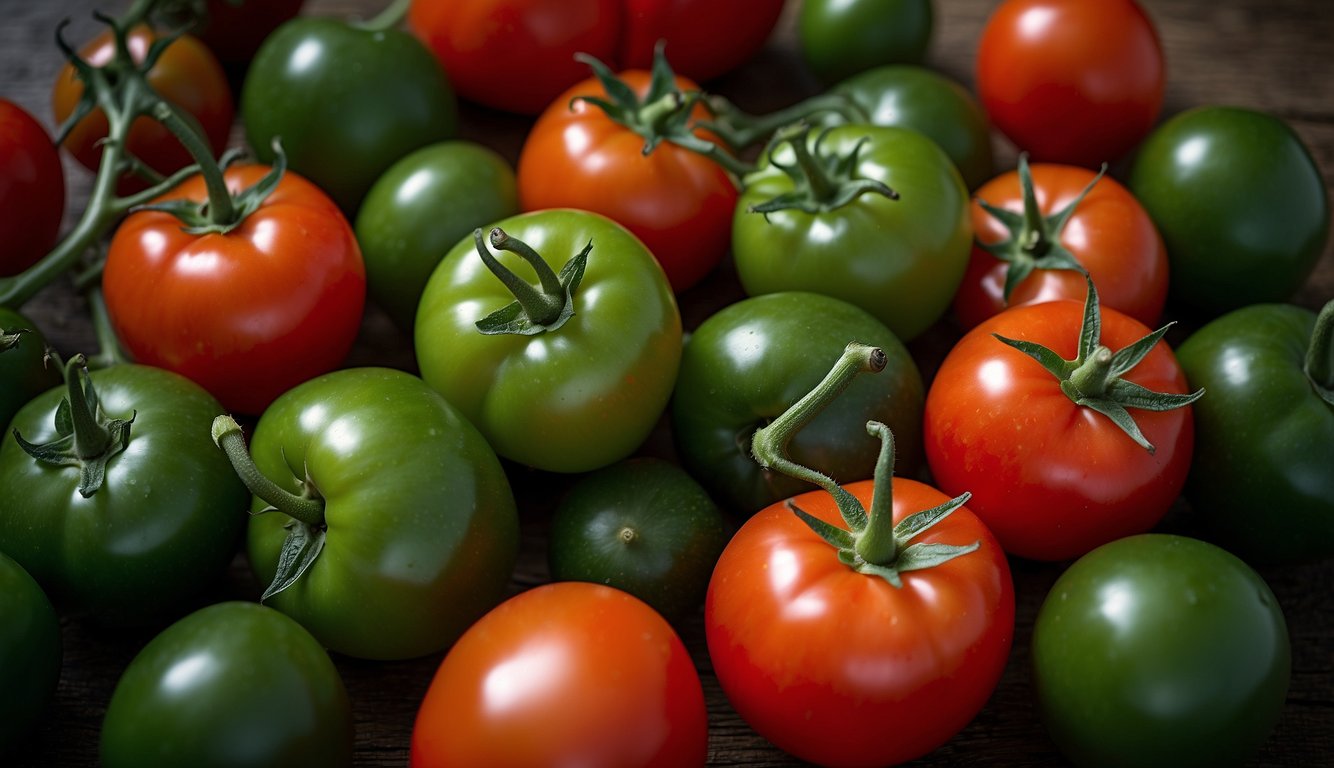 A ripe, round pepper-tomato hybrid with vibrant red and green colors, smooth skin, and a plump, juicy appearance