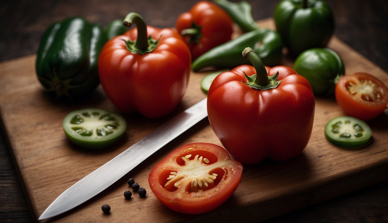 A ripe red pepper and tomato hybrid, bursting with flavor, sits on a wooden cutting board next to a sharp knife