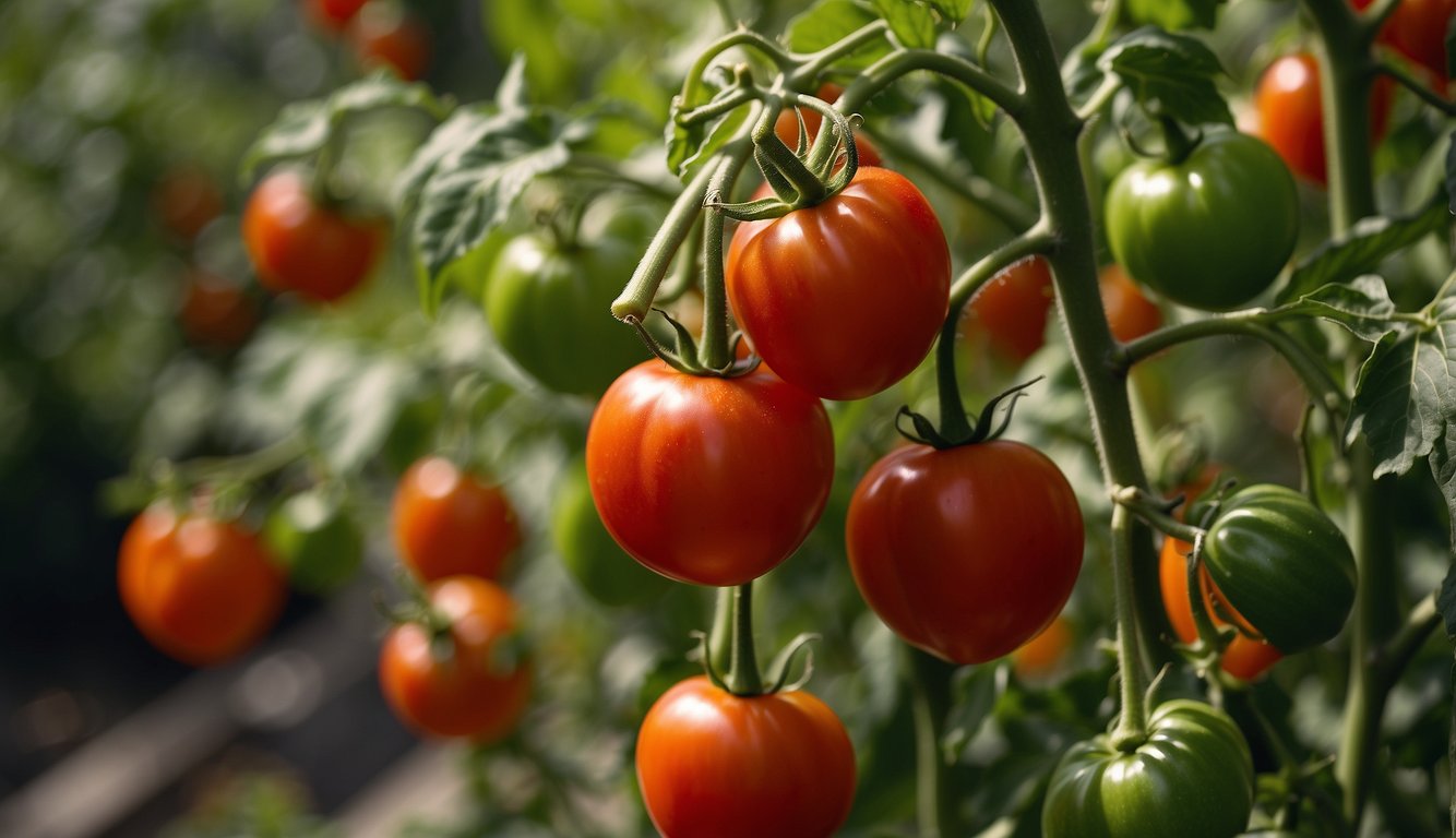 A vibrant pepper tomato hybrid plant thrives in a sun-drenched garden, showcasing its glossy red and green fruits bursting with health and nutritional benefits
