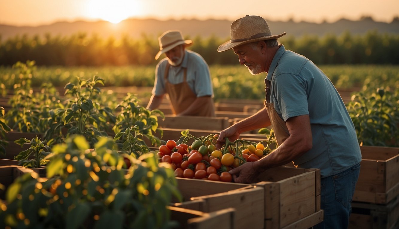 Farmers pick ripe pepper tomato hybrids, carefully placing them in storage crates. The sun sets behind the fields, casting a warm glow on the bountiful harvest