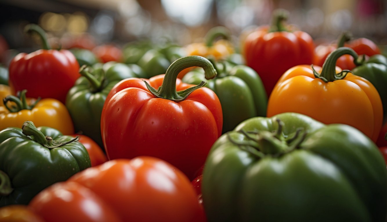 A bustling market stall showcases a unique pepper-tomato hybrid, drawing in curious consumers and reflecting a growing trend in hybrid produce