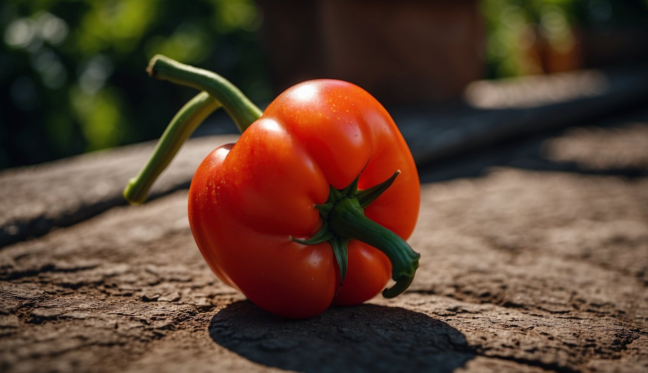 A vibrant red pepper and a juicy tomato are intertwined, showcasing the unique beauty of the hybrid fruit