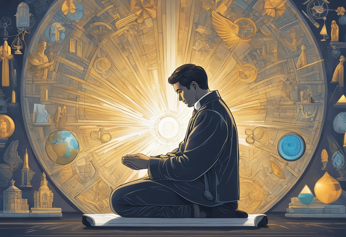 A person kneeling in prayer, surrounded by symbols of different career paths (e.g. a stethoscope for medicine, a briefcase for business, etc.) with a beam of light shining down on them