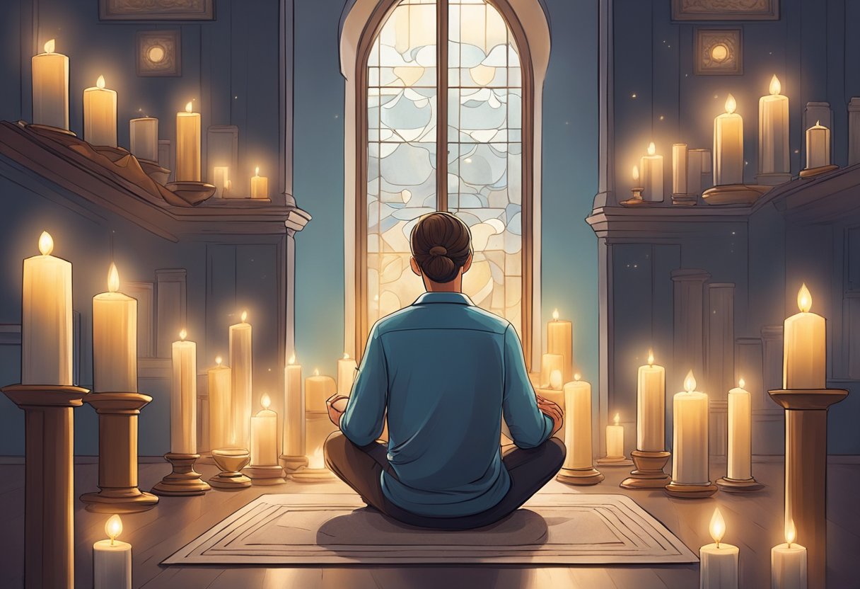 A person sitting in a quiet room, surrounded by candles and soft light, with their eyes closed in deep concentration, as they reflect on their personal values and goals, seeking guidance for their career path through prayer