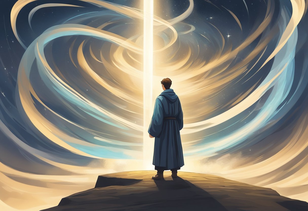 A figure stands at a crossroads, surrounded by swirling winds and a beam of light, as they pray for clarity and guidance in their career path
