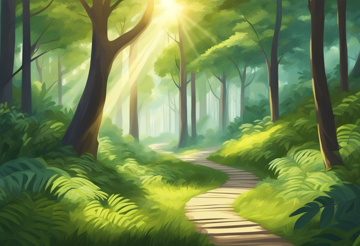 A winding path through a lush forest, with sunlight streaming through the trees, symbolizing guidance and opportunity in a career journey