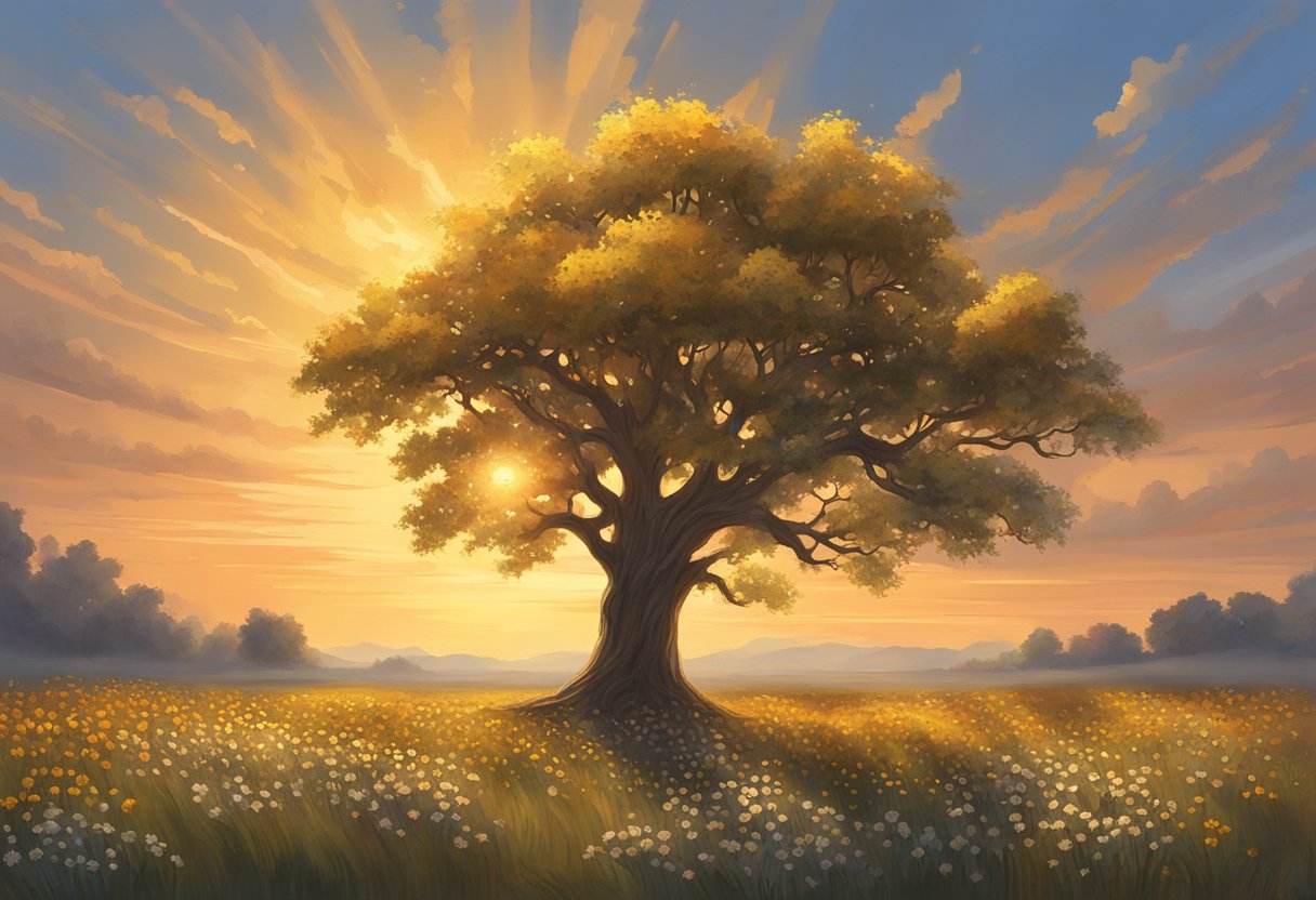 A solitary tree stands tall amidst a field of wilting flowers, its branches reaching towards the sky as if in prayer. The sun sets in the distance, casting a warm glow over the scene