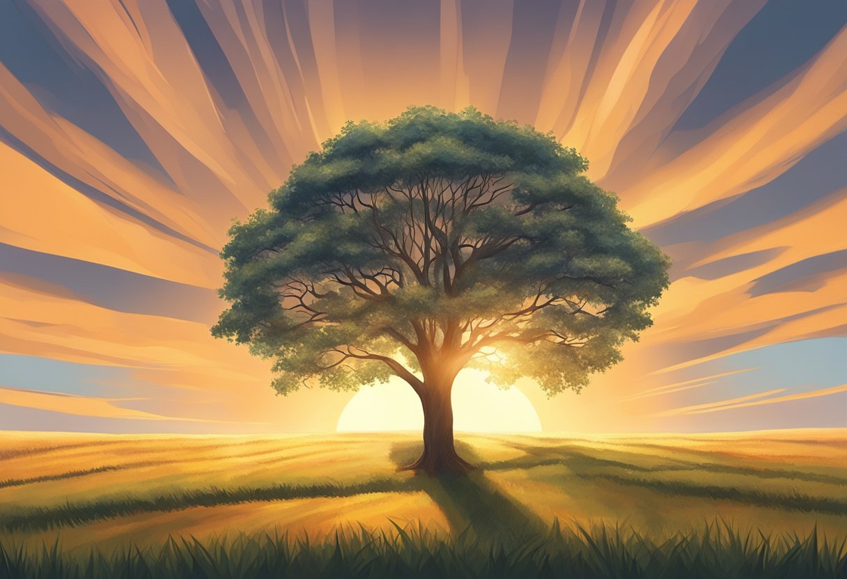 A solitary tree stands in a field, its branches reaching towards the sky. The sun sets in the background, casting a warm glow over the landscape, symbolizing hope and strength during times of grief and loss