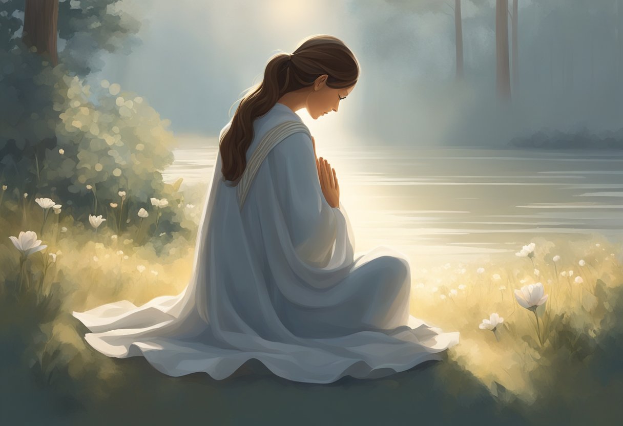 A serene figure kneels in prayer, surrounded by soft light and gentle whispers of comfort. The atmosphere is tranquil, offering solace and strength in times of sorrow