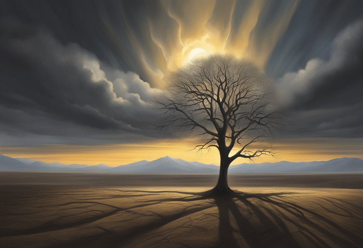 A lone tree stands tall in a barren landscape, its branches reaching towards the sky. Dark clouds loom overhead, but a ray of sunlight breaks through, casting a hopeful glow on the tree