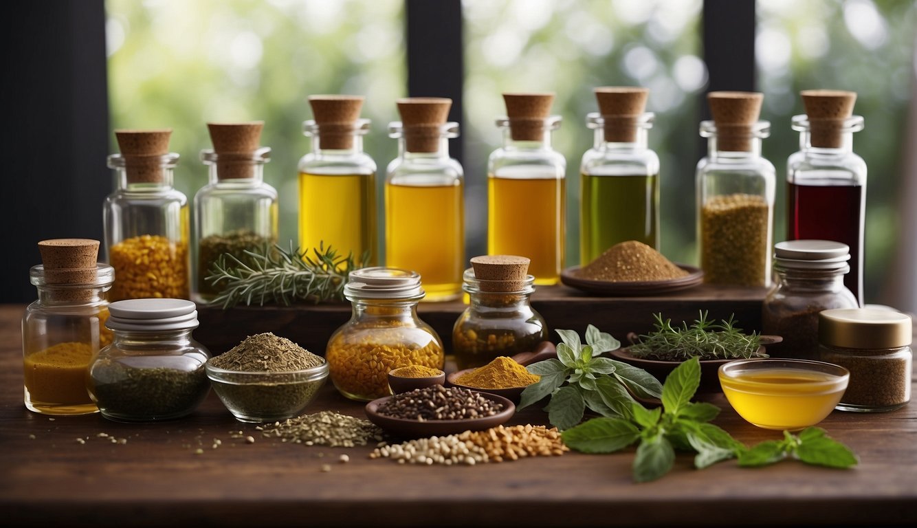 A table with various herbal pigments and oils arranged for review