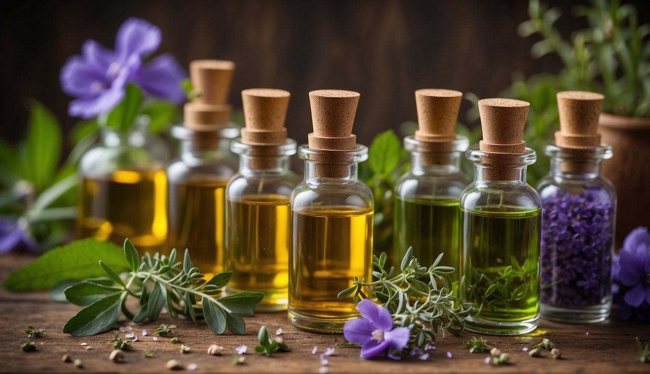 Vibrant bottles of herbal pigment oil arranged on a rustic wooden table with fresh herbs and flowers scattered around